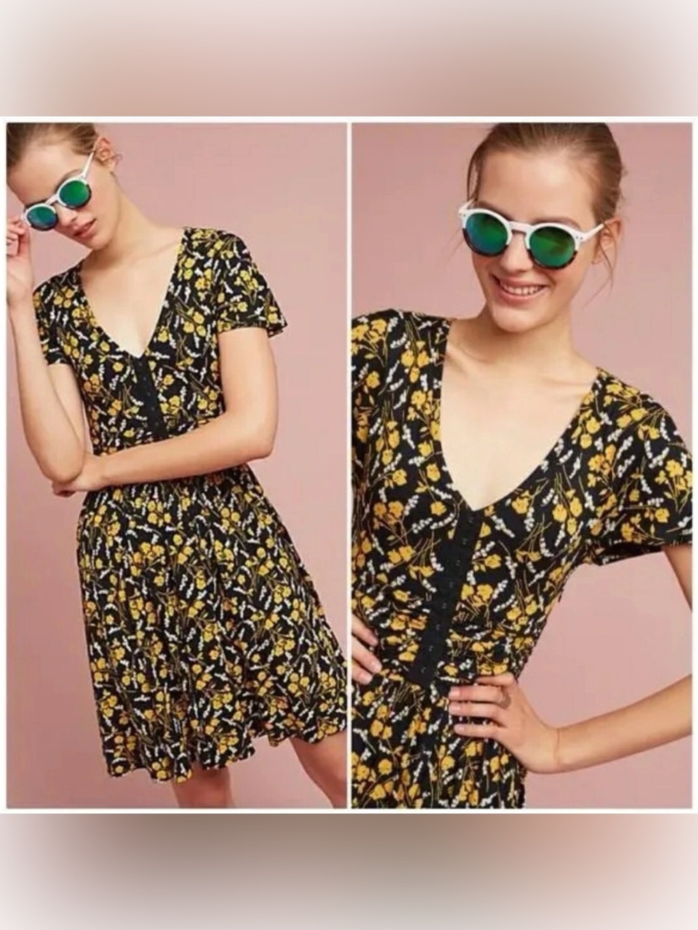 Maeve Anthropologie Summer Breeze Black Floral Dress Size Medium